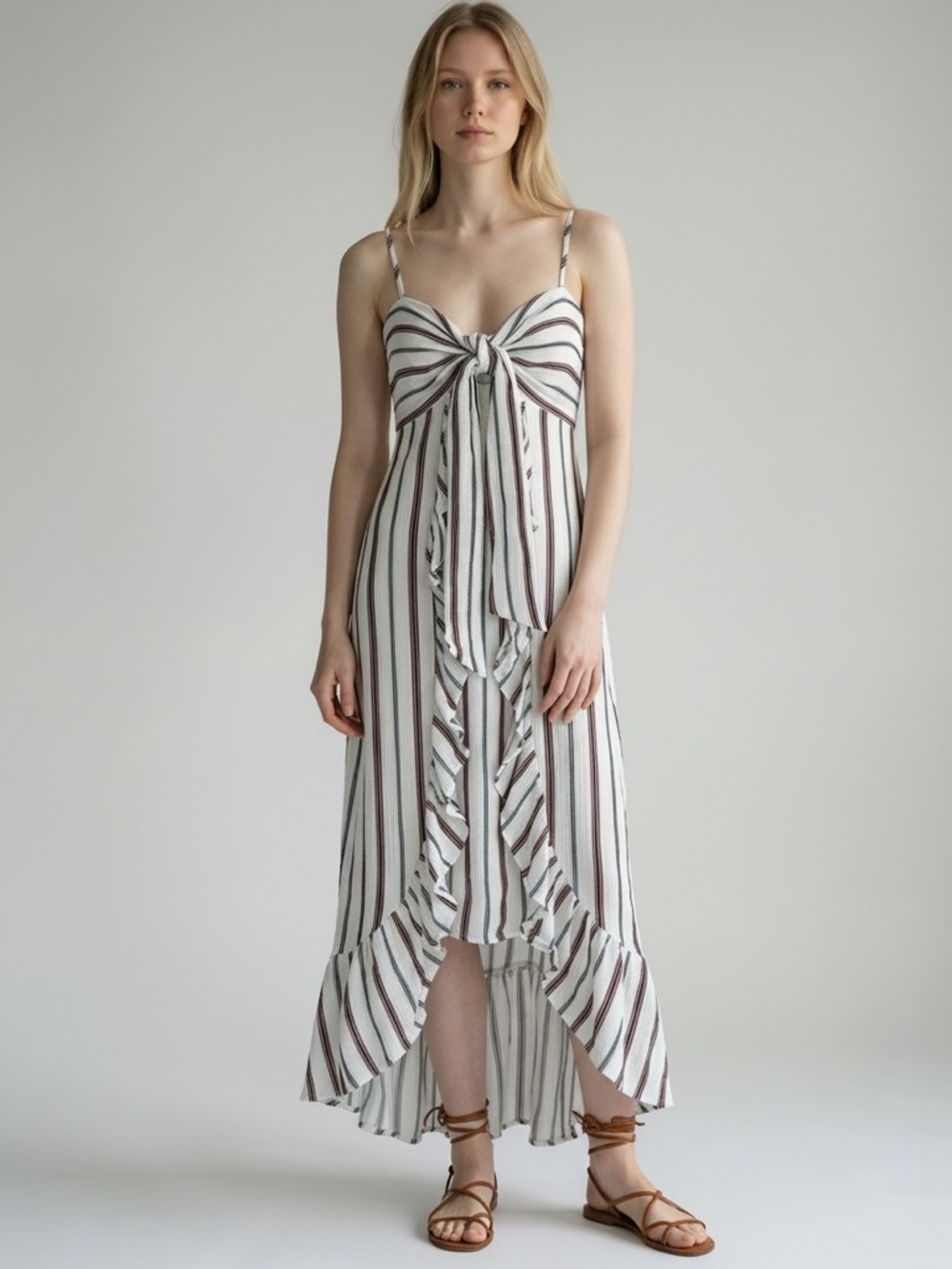 Striped Tie Front Midi Dress Ruffle Hem Boho Cottagecore Sundress S